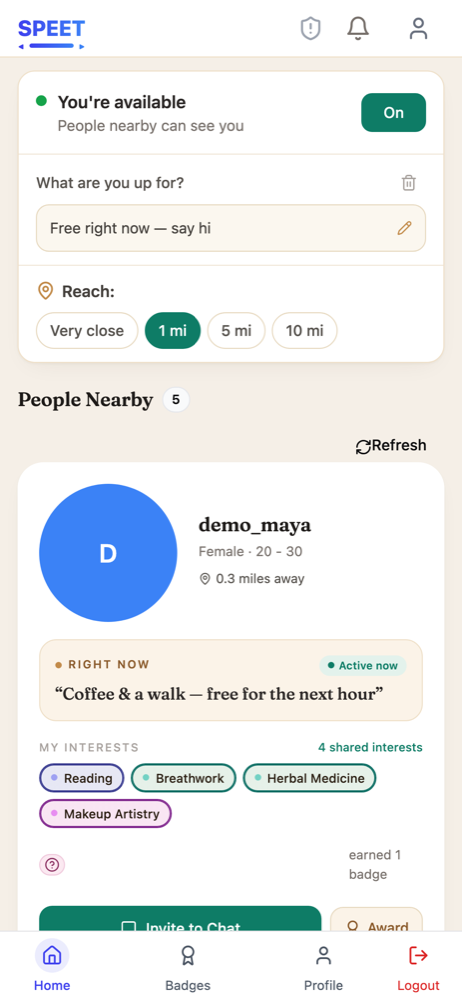 The SPEET app showing people nearby who are free to meet, with their shared interests