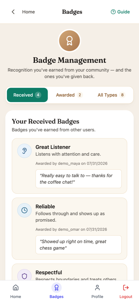 Badges awarded by people after meeting